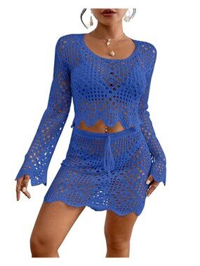 Bsubseach Blue Crochet Swim Cover Up Set Hollow Knit Crop Top & Mini Skirt
